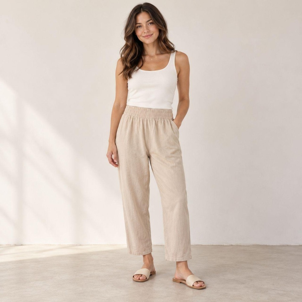 Wishlist Beige Wide Leg Elastic Pants Size Small Tan Minimalist Neutral Pockets